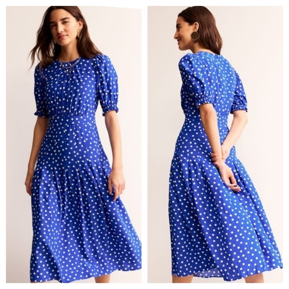 Boden Day Boden Liv Pleat Detail Midi Dress Blue Polka Dot Size 16 18 - Picture 1 of 5